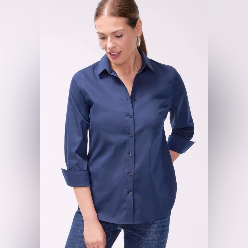 Chico’s Navy Blue 100% Cotton No Iron Button Down Shirt 3/4 Length Sleeve, 16/18